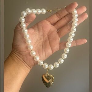 Chunky Pearl Necklace with Gold Heart Pendant